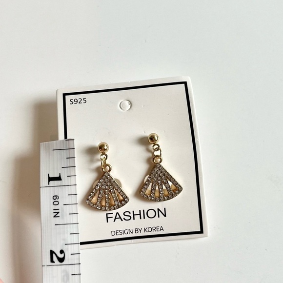 Fan Shaped Dangling Earrings in Gold with Rhinestones - Picture 2 of 3